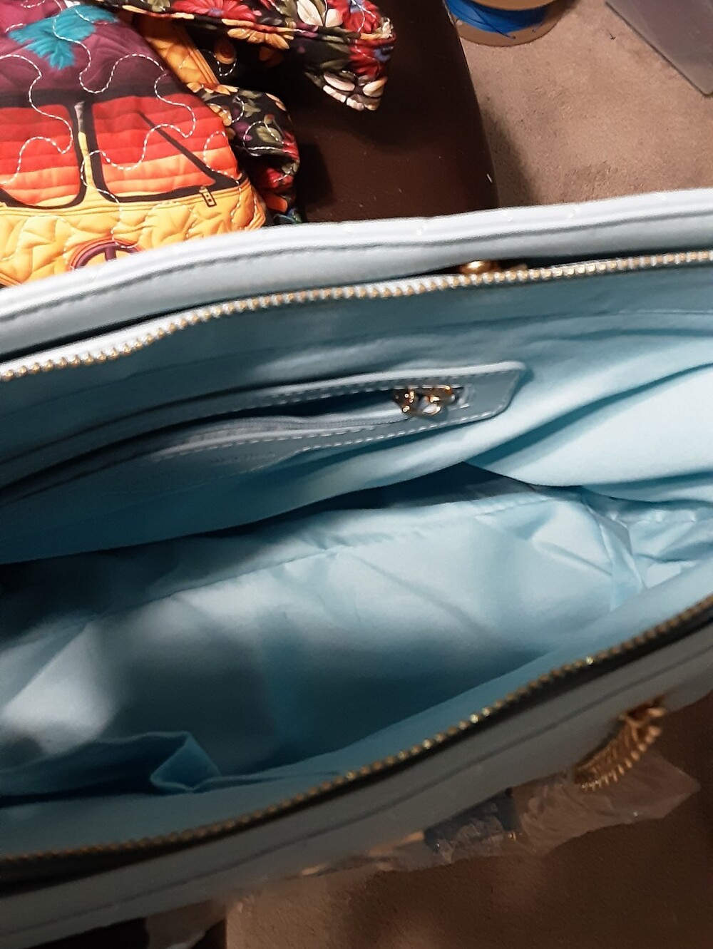 Bagley Mischka Quilted Light Blue Tote Bag with Gold Chain Handles - Picture 7 of 12